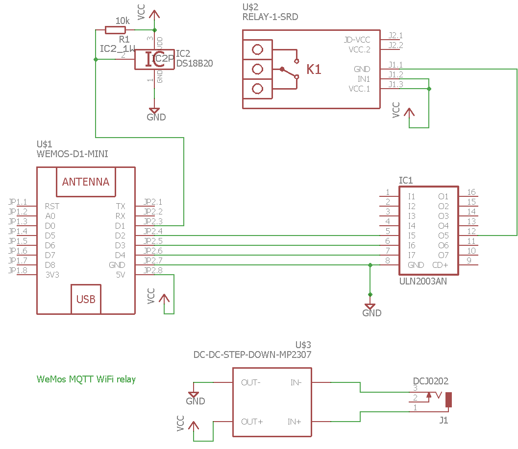 Schematics with Wemos, Darlington transistor, step-down converter, relay and temperature sensor