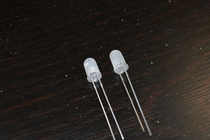Two clear LEDs, sanded with sandpaper