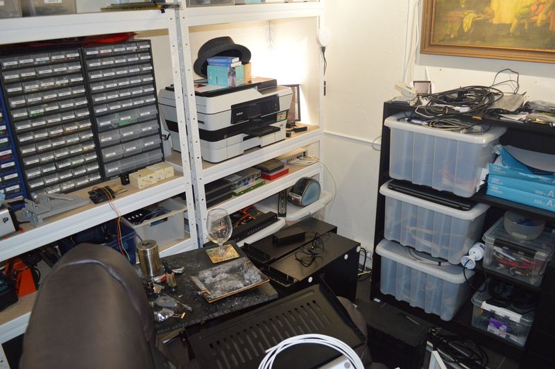 Untidy home office, two rack servers placed temporary
