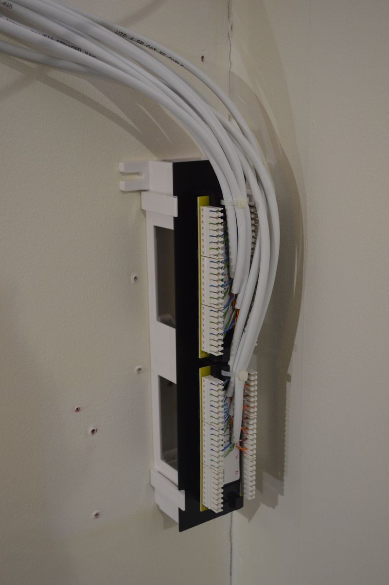 Backside of 12 port patch panel, network cables connected