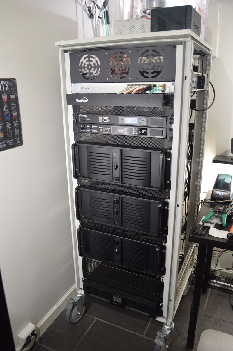 Homelab rack, front view, ATS, PDU, three servers and UPS