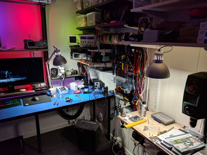Electronics lab, lit by IKEA Tertial and Philips Hue lamps