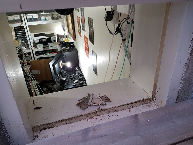 Basement window removed, looking into home office