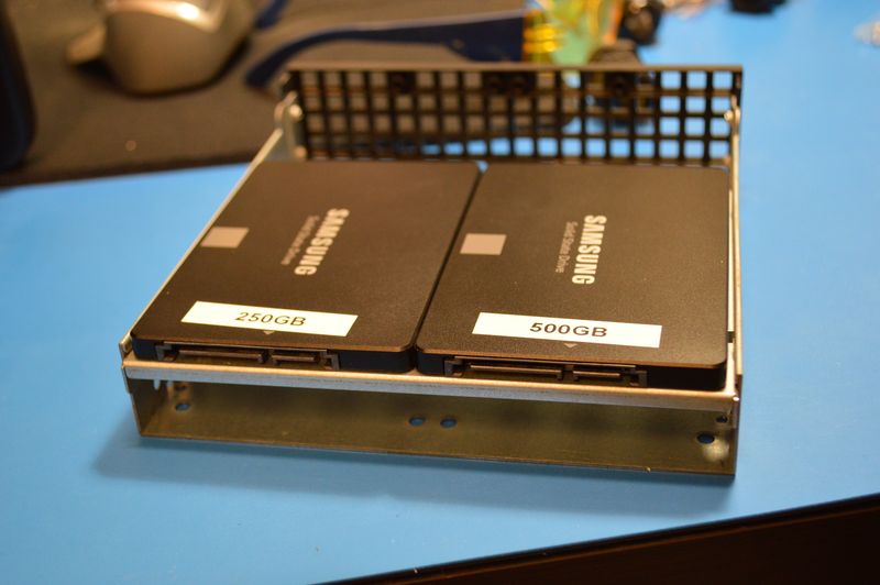 Two SSDs installed on tray, it has space for two more below