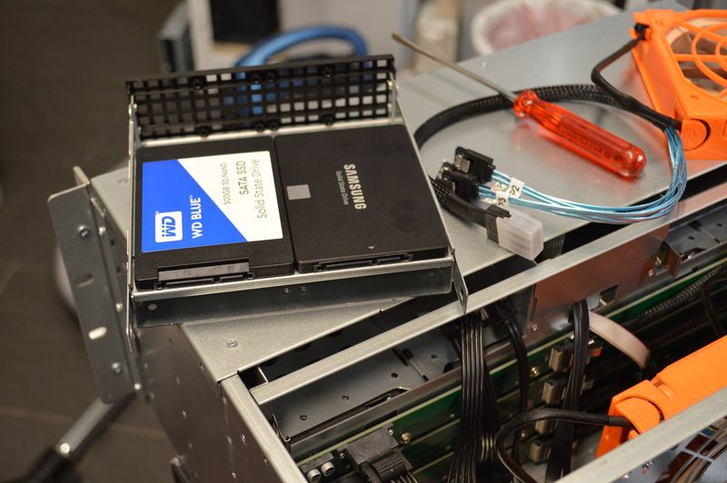 Two SSDs mounted on internal disk tray, it has space for two more below