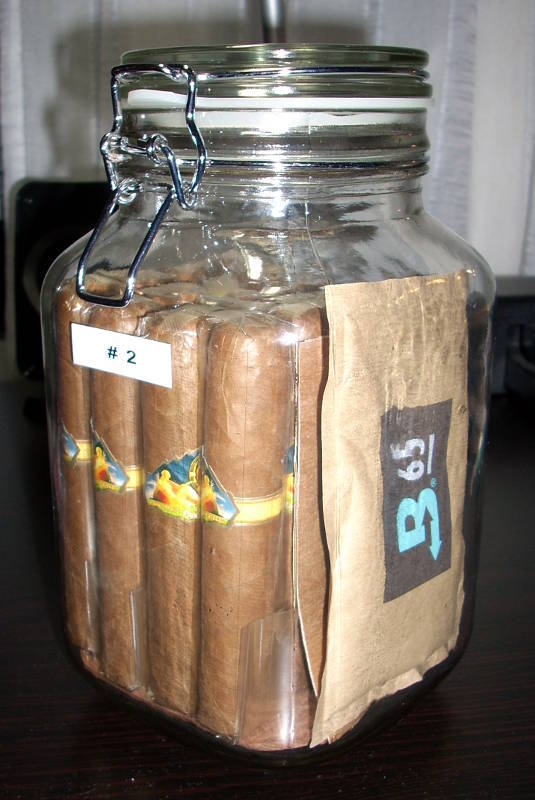 Cigars and Boveda pack in glass jar