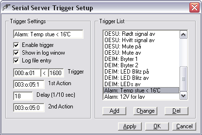 Serial server trigger configuration