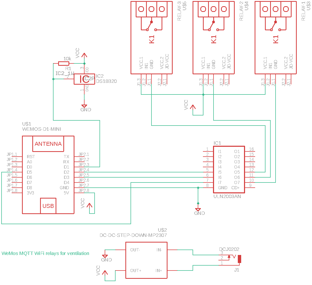 Schematics with Wemos, Darlington transistor, step-down converter, relays and temperature sensor