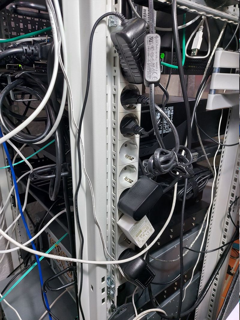 Type F power strip, on homelab rack