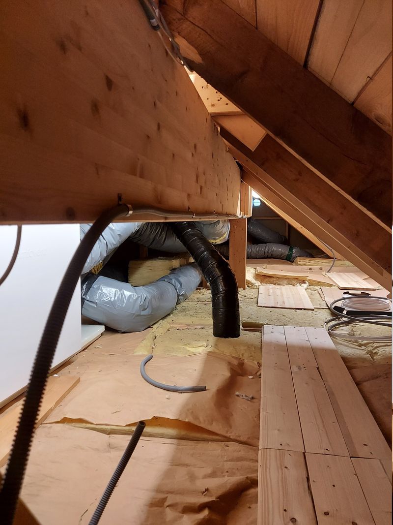 Flexible conduit mounted to ridge board in attic