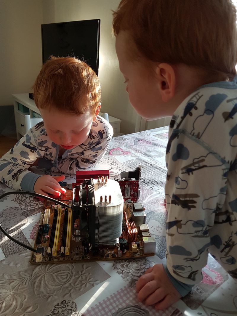 My twin boys, playing with computer parts and motherboard in 2018