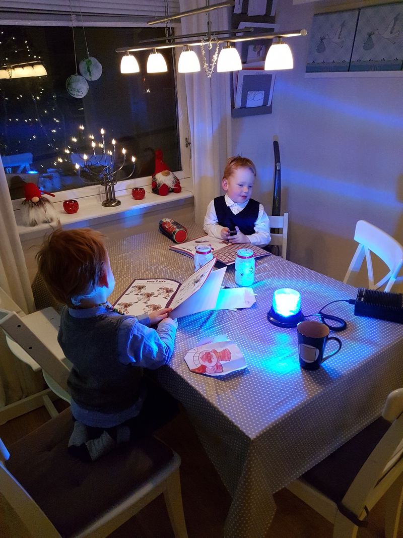 My twin boys, at the dining table with blue LED strobe in 2017